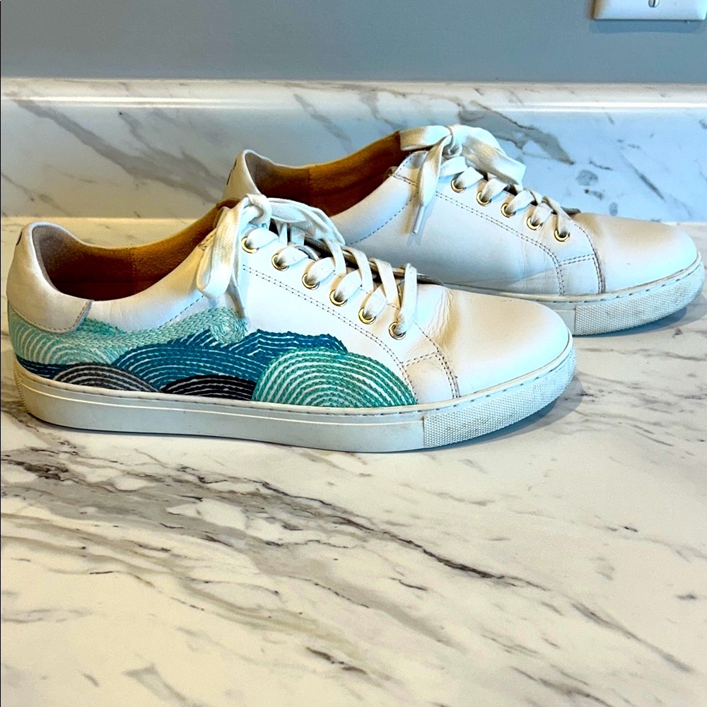 Jack Rogers White Sneakers with Blue Wave Embroidery